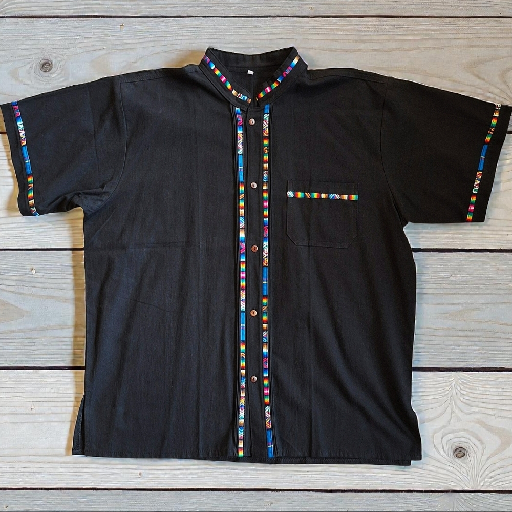 Handmade Artisan Vibrant Black Casual Button Down Shirt. Slim Fit.